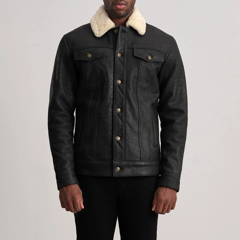 Dallis Patine Usée Noir Leather Shearling Trucker Veste en Cuir pour Homme