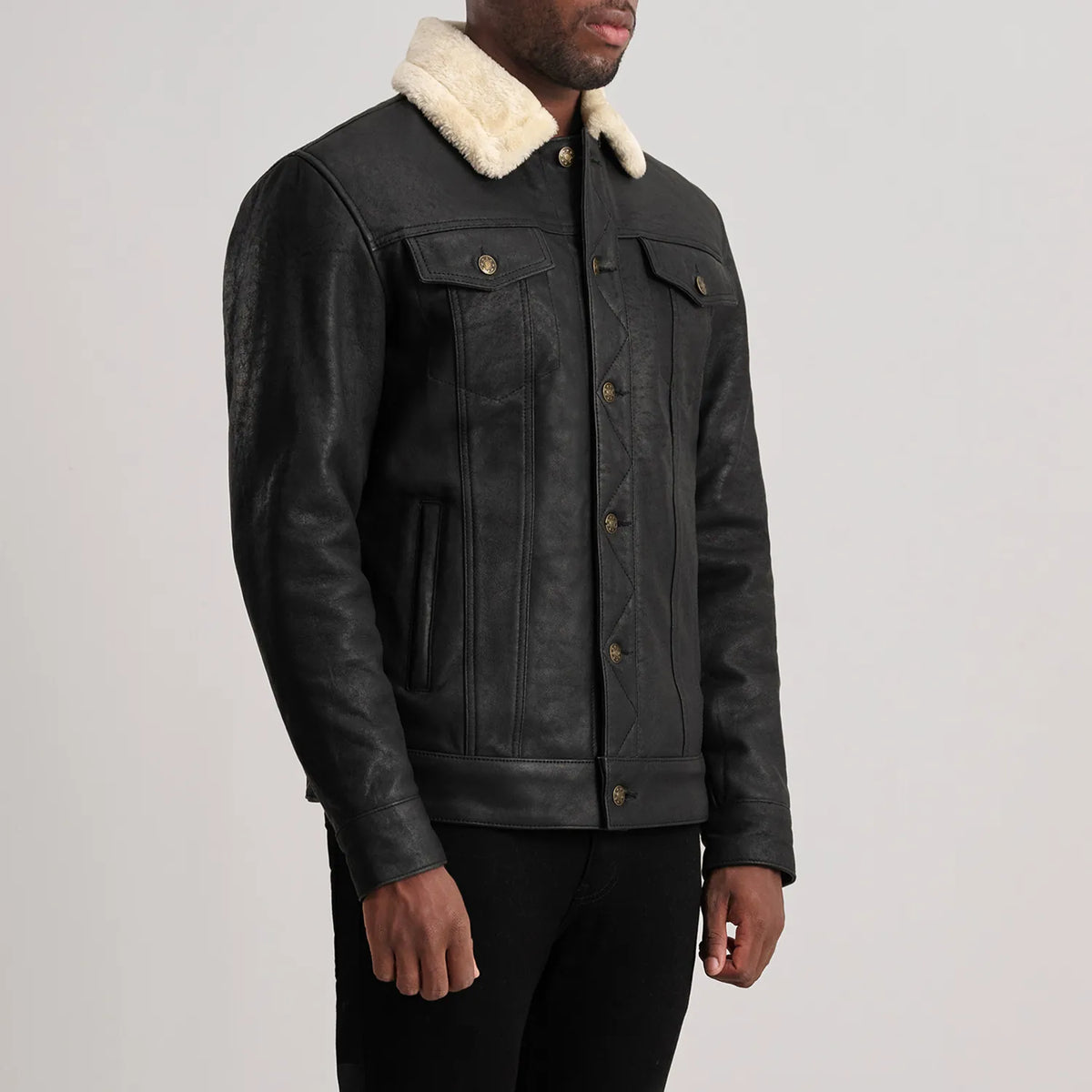 Distressed Black Sheepskin Snuffed Aviator Jacket - Vue de dos avec coupe ajustée aux épaules &amp; ourlet soigné