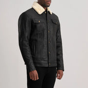 Distressed Black Sheepskin Snuffed Aviator Jacket - Vue de dos avec coupe ajustée aux épaules &amp; ourlet soigné