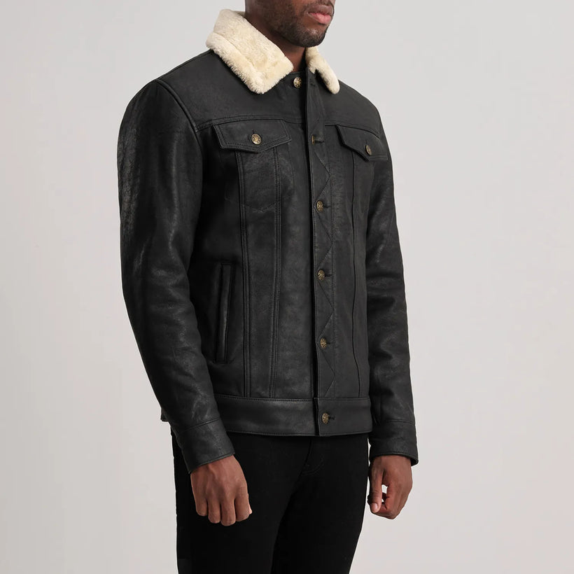 Dallis Patine Usée Noir Leather Shearling Trucker Veste en Cuir pour Homme
