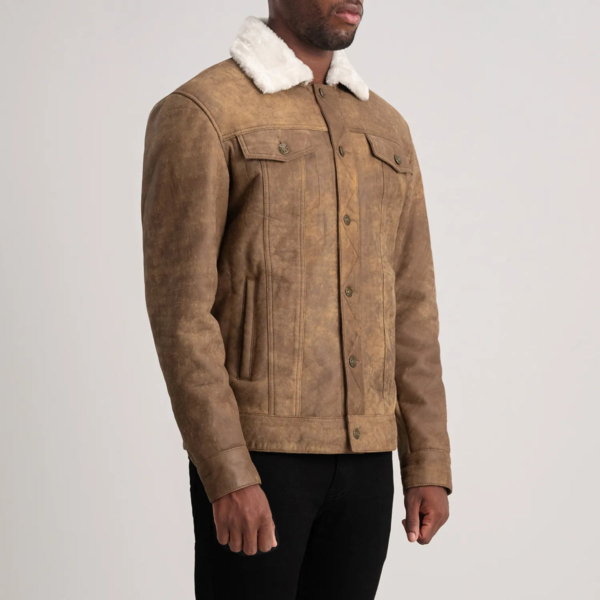 Distressed Brown Sheepskin Snuffed Aviator Jacket - Vue de dos avec coupe ajustée aux épaules &amp; ourlet soigné