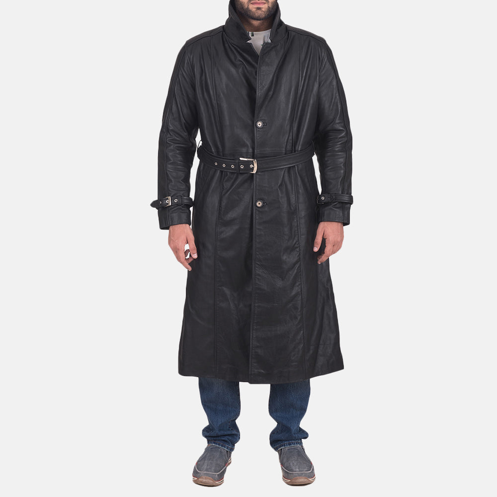 Daniel Noir Trench-Manteau en Cuir en Cuir pour Homme in Black Cowhide Leather - Vue de face &amp; silhouette ajustée | Acheter en ligne