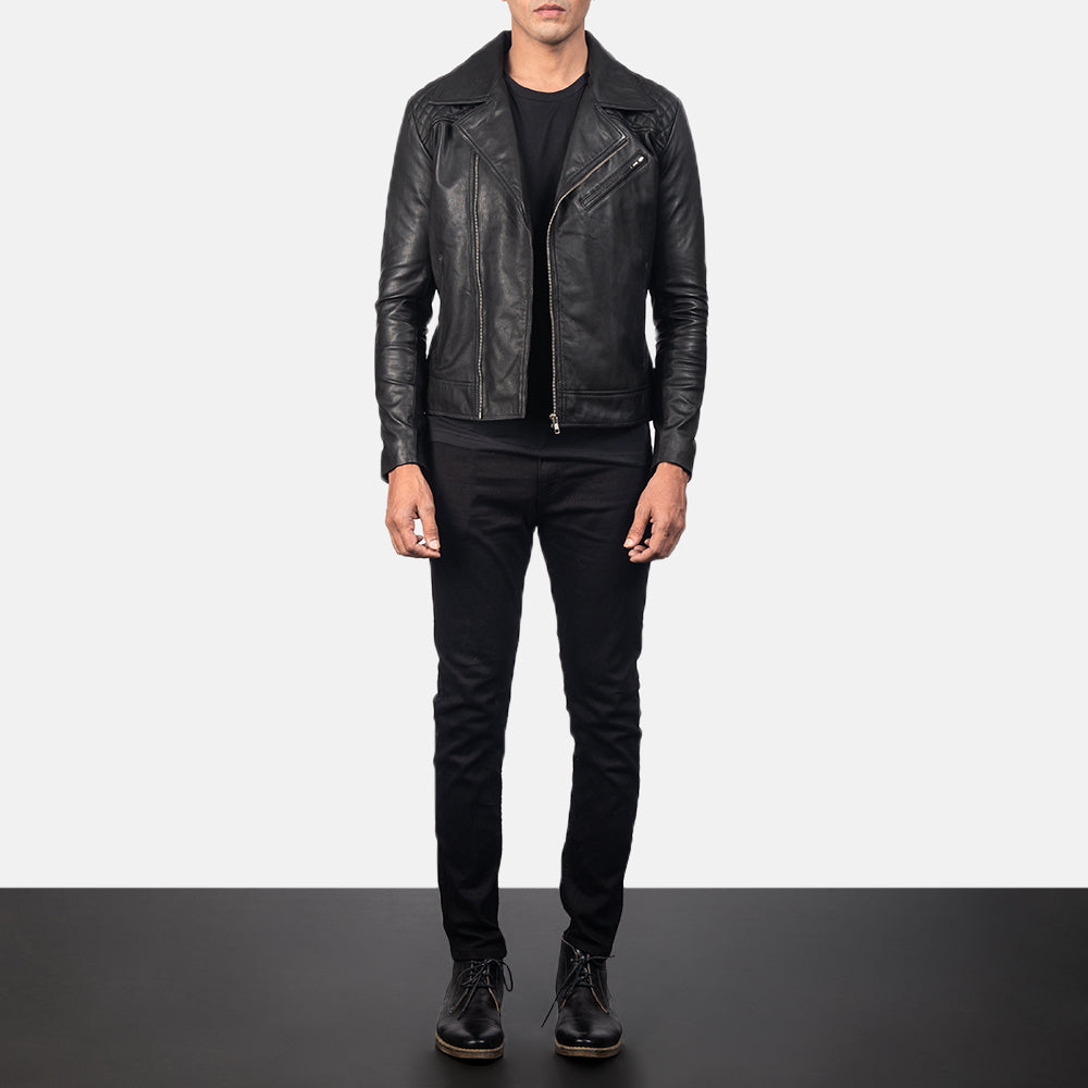Vue détaillée of Notch &amp; Zipper Hardware on Men's Danny Quilted Brown Leather Biker Jacket