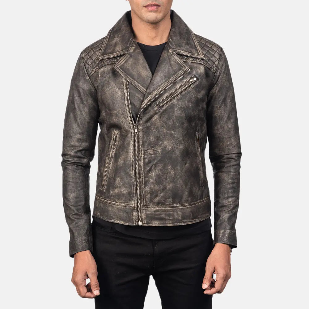 Zipper &amp; Hem Craftsmanship Construction Detail on Men's Danny Quilted Brown Leather Biker Jacket