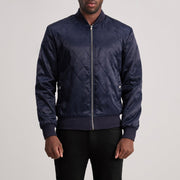 Danson Matelassé Bleu Varsity Veste en Cuir pour Homme in Blue Satin - Vue de face &amp; silhouette ajustée | Acheter en ligne