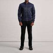 Vue détaillée of Varsity &amp; Zipper Hardware on Danson Matelassé Bleu Varsity Veste en Cuir pour Homme
