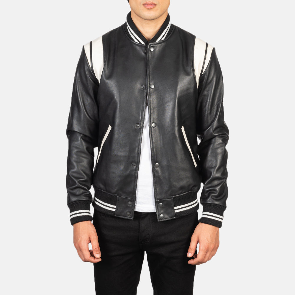Men's Dantee Noir Leather Varsity Veste en Cuir pour Homme in Black &amp; White Sheepskin Leather - Vue de face &amp; silhouette ajustée | Acheter en ligne