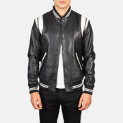 Men's Dantee Noir Leather Varsity Veste en Cuir pour Homme in Black &amp; White Sheepskin Leather - Vue de face &amp; silhouette ajustée | Acheter en ligne
