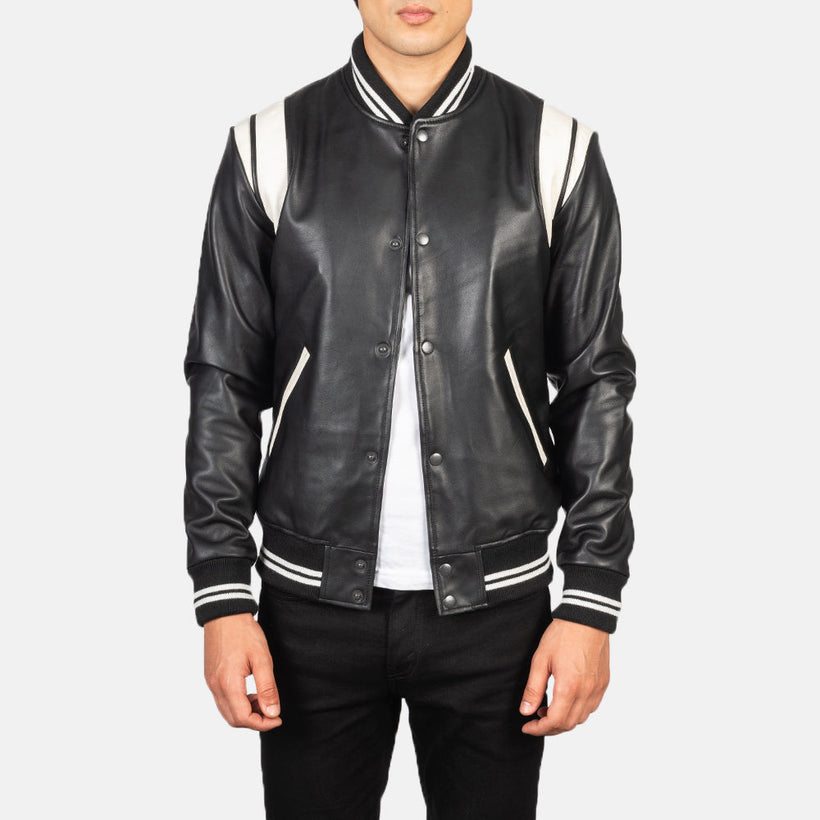 Dantee Noir Leather Varsity Veste en Cuir pour Homme