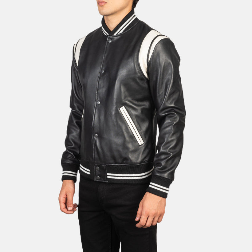 Dantee Noir Leather Varsity Veste en Cuir pour Homme