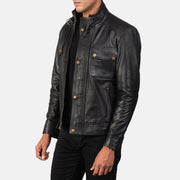 Black 100% Full-Grain Leather Biker Jacket - Vue de dos avec coupe ajustée aux épaules &amp; ourlet soigné