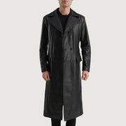 Delmar Black Leather Double Breasted Coat in Black Cowhide Leather - Vue de face &amp; silhouette ajustée | Acheter en ligne