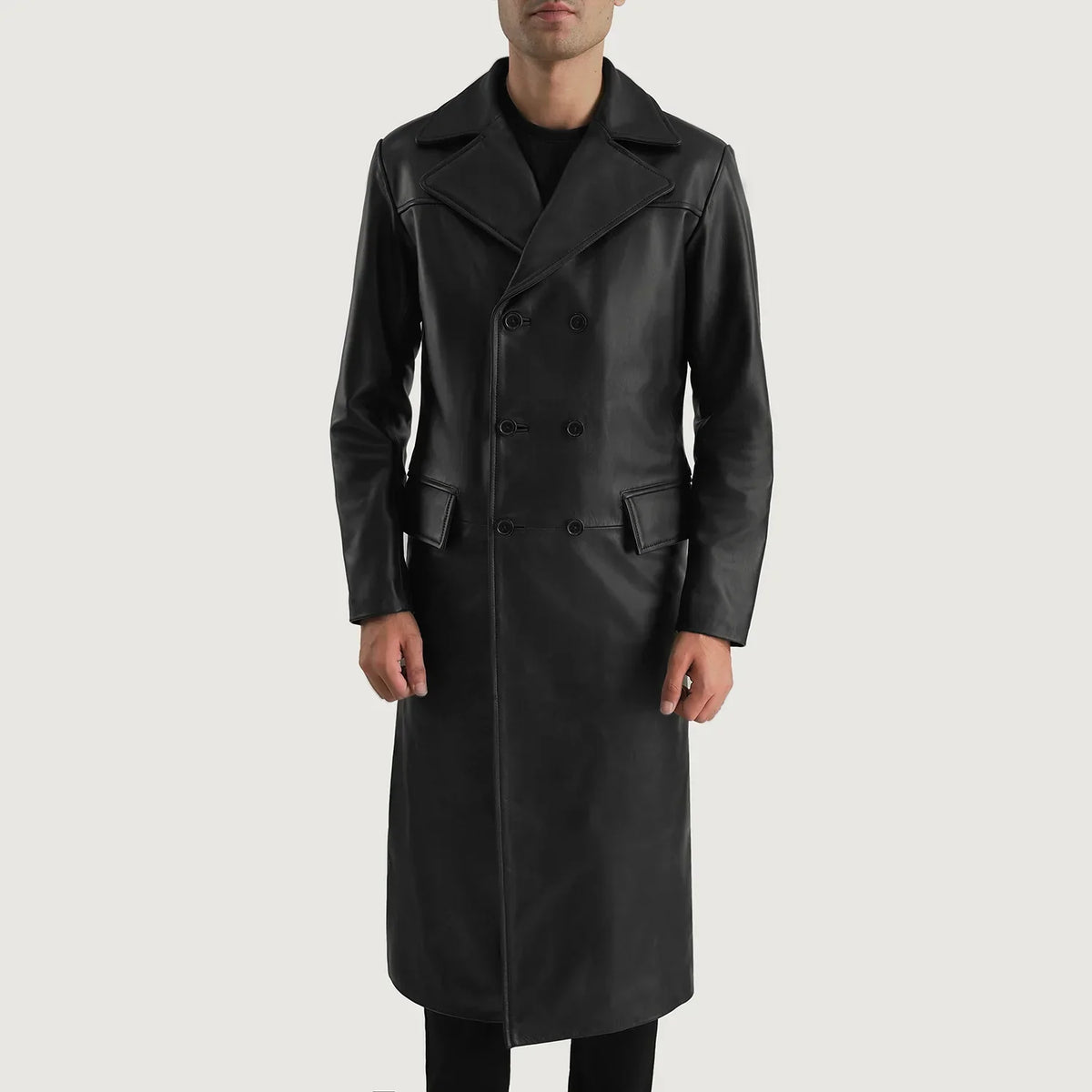 Vue détaillée of Notch &amp; Button Hardware on Delmar Black Leather Double Breasted Coat