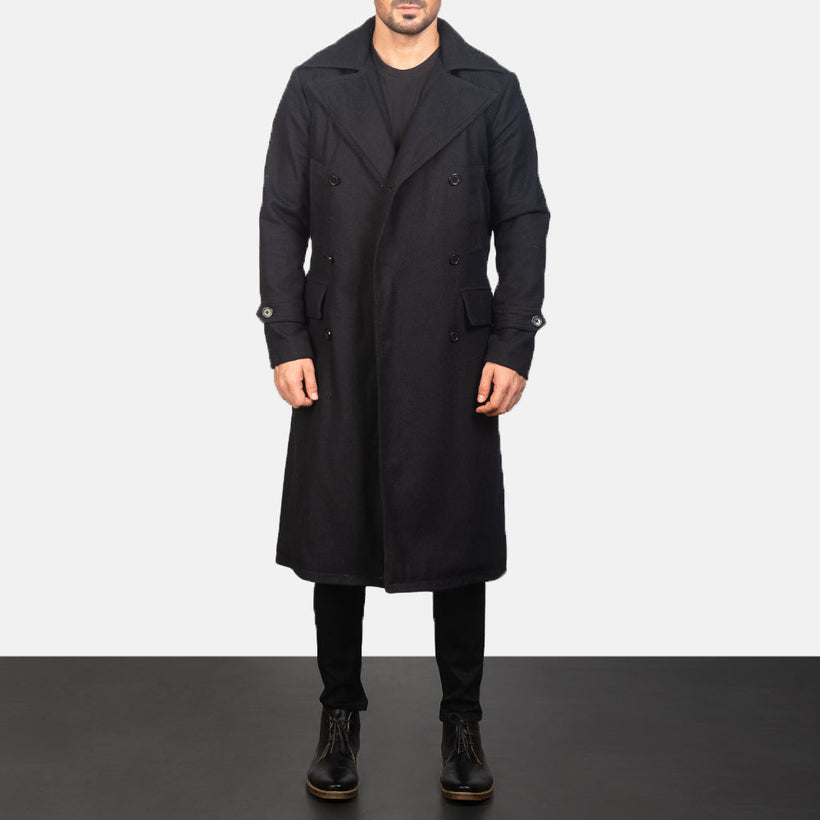 Detective Noir Wool Manteau en Cuir pour Homme