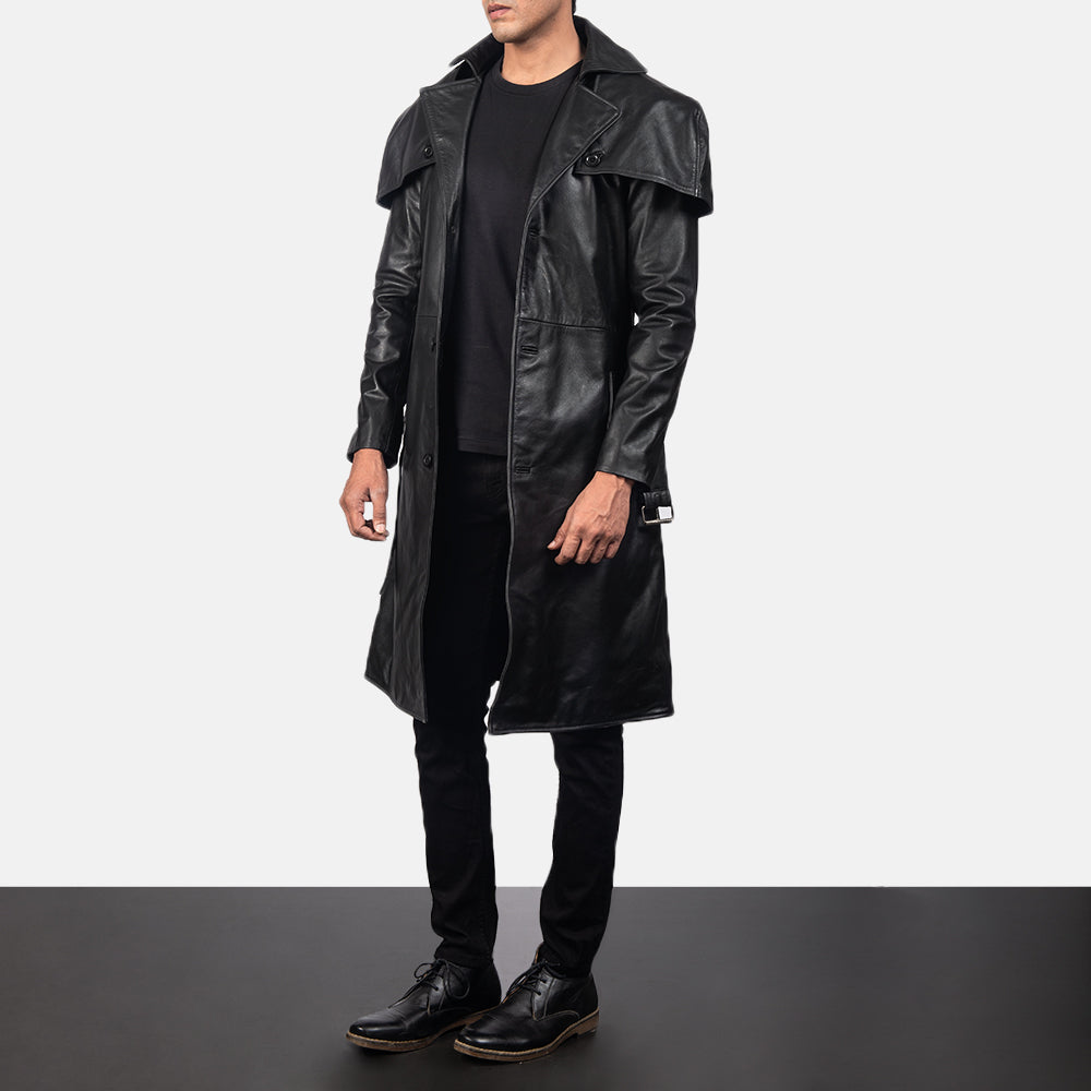 Men's Deux Noir Leather Duster pour Homme - Vue de profil avec coupe de manche ergonomique
