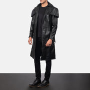 Men's Deux Noir Leather Duster pour Homme - Vue de profil avec coupe de manche ergonomique