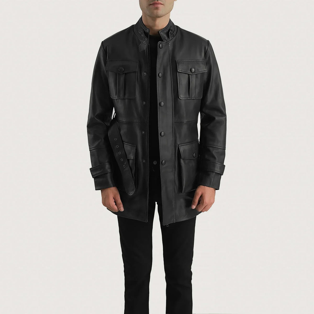 
Dolf Noir Veste en Cuir pour Homme in Black Cowhide Leather - Vue de face & silhouette ajustée | Acheter en ligne