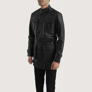 
Black Cowhide leather Coat - Vue arrière montrant la carrure ajustée et l'ourlet net