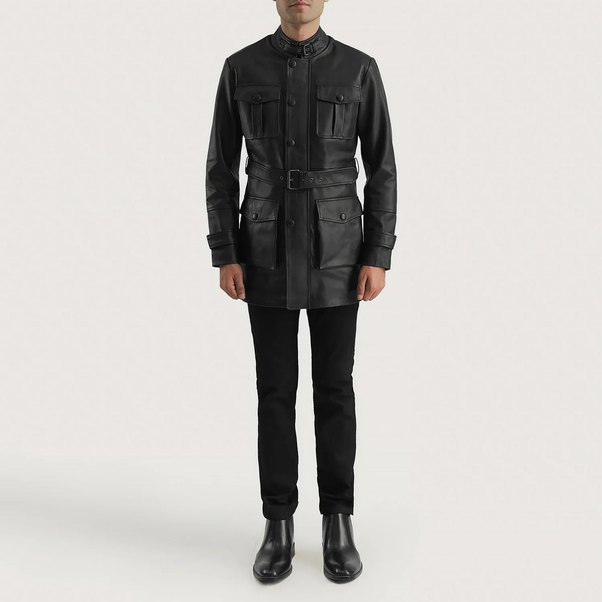 
Dolf Noir Veste en Cuir pour Homme - Vue de profil mettant en valeur la coupe de manche ergonomique