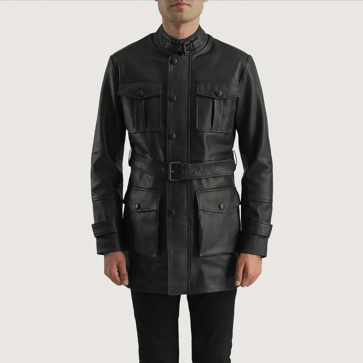 
Vue détaillée of High neck with Belt & Snap button Hardware on Dolf Noir Veste en Cuir pour Homme