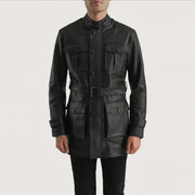 
Vue détaillée of High neck with Belt & Snap button Hardware on Dolf Noir Veste en Cuir pour Homme