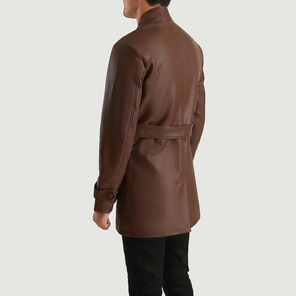 
Vue détaillée of High neck with Belt & Snap button Hardware on Dolf Marron Veste en Cuir pour Homme