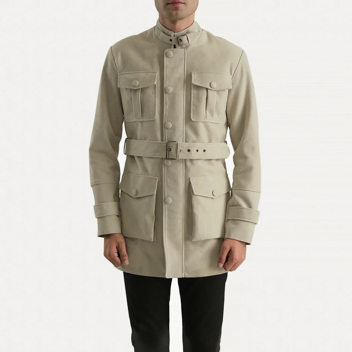 Dolf Off-Blanc Veste en Daim pour Homme in Off-White Cowhide Suede - Vue de face &amp; silhouette ajustée | Acheter en ligne