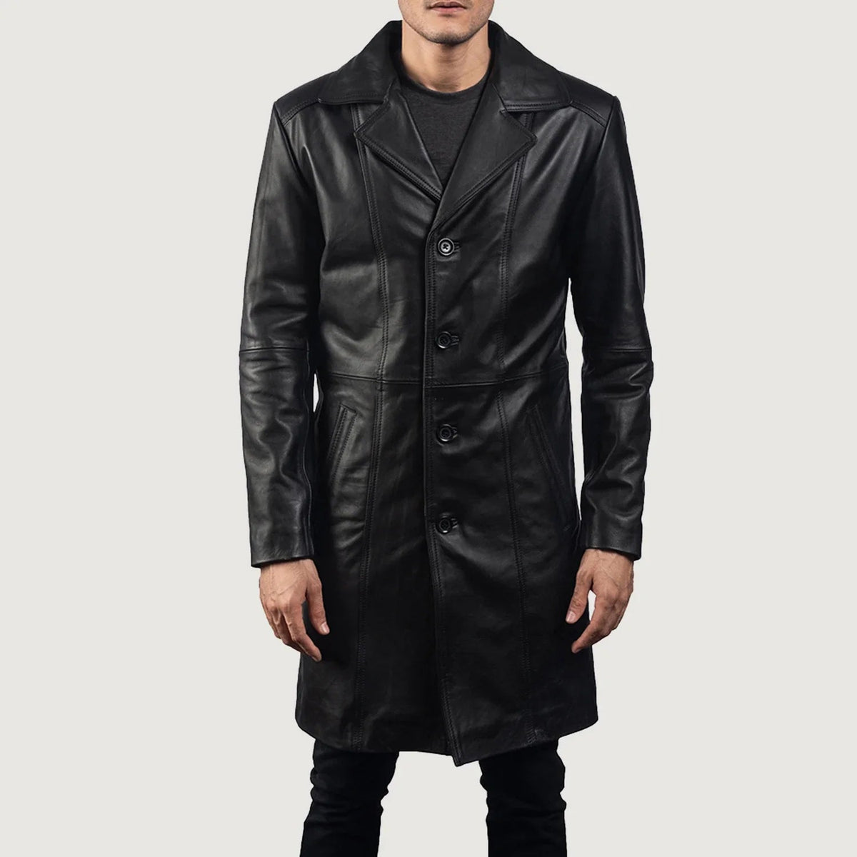 Men's Don Long Noir Manteau en Cuir pour Homme - Vue de profil avec coupe de manche ergonomique