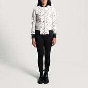 Vue détaillée of Varsity &amp; Zipper Hardware on Women's Donna Blake White Leather Bomber Jacket