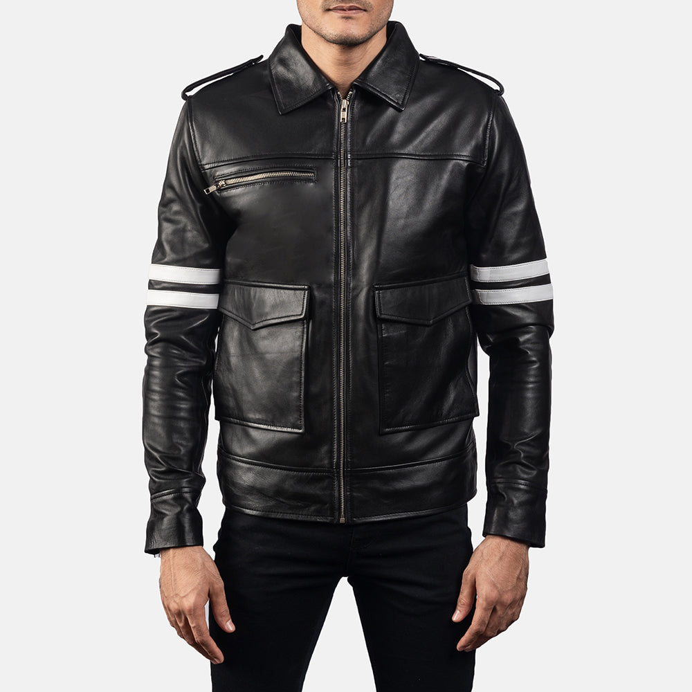 Dragonhide Noir Veste en Cuir pour Homme in Black Sheepskin Leather - Vue de face &amp; silhouette ajustée | Acheter en ligne