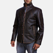 Distressed Brown Goatskin Leather Biker Jacket - Vue de dos avec coupe ajustée aux épaules &amp; ourlet soigné