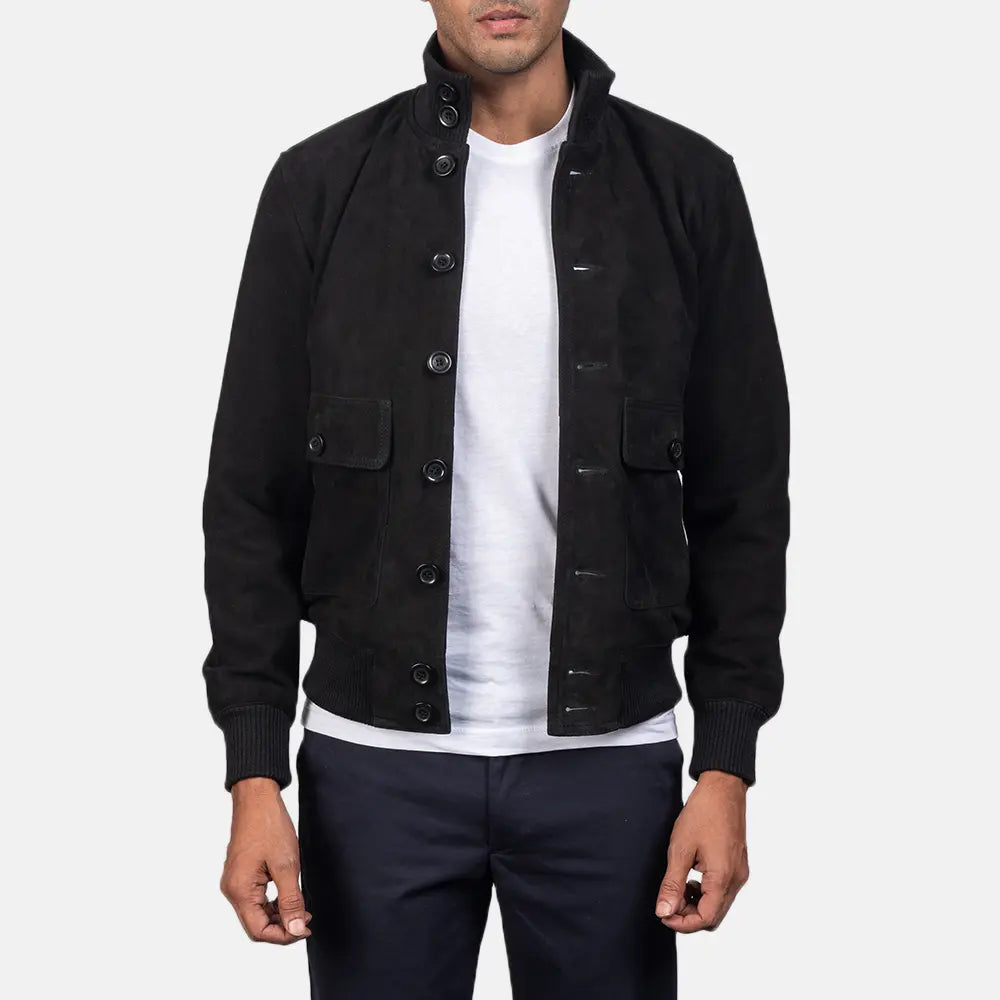 Men's Eaton Brown Suede Bomber Jacket in Brown Goatskin Suede - Vue de face &amp; silhouette ajustée | Acheter en ligne