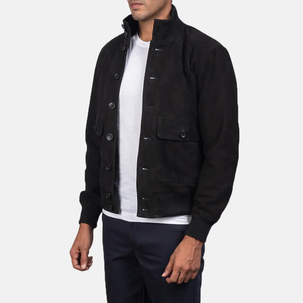 Brown Goatskin Suede Bomber Jacket - Vue de dos avec coupe ajustée aux épaules &amp; ourlet soigné