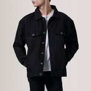 
Eddie Noir Oversized Denim Trucker Veste en Cuir pour Homme For Men en cuir de vachette noir véritable - Vue de face & silhouette ajustée | Acheter en ligne