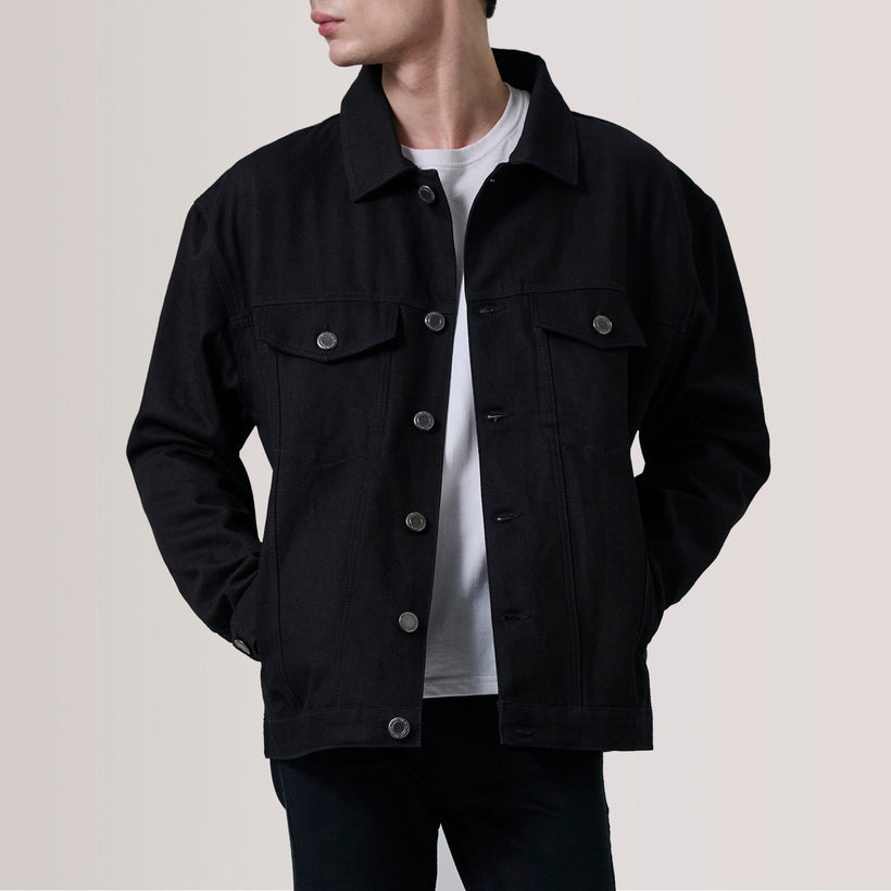 Eddie Noir Oversized Denim Trucker Veste en Cuir pour Homme