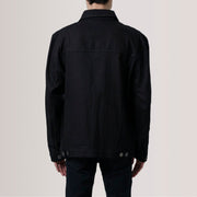 
Vue détaillée of Classic Collar & Heavy-Duty Zipper Hardware on Eddie Noir Oversized Denim Trucker Veste en Cuir pour Homme For Men