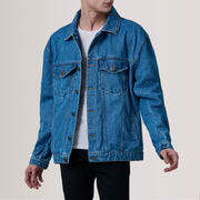 
Eddie Dark Bleu Oversized Denim Trucker Veste en Cuir pour Homme For Men in Dark Blue Full-Grain Leather - Vue de face & silhouette ajustée | Acheter en ligne