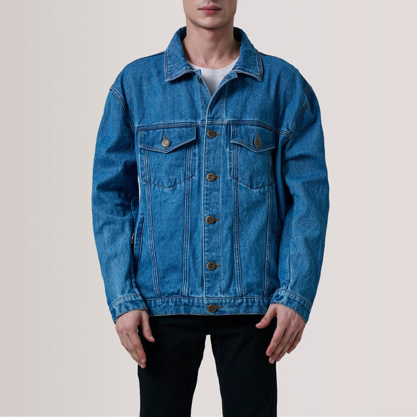 Eddie Dark Bleu Oversized Denim Trucker Veste en Cuir pour Homme