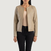 Elixir Beige Collarless Leather Jacket in Beige Sheepskin Leather - Vue de face &amp; silhouette ajustée | Acheter en ligne