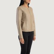 Beige Sheepskin Leather Biker Jacket - Vue de dos avec coupe ajustée aux épaules &amp; ourlet soigné