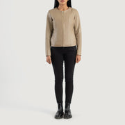 Elixir Beige Collarless Leather Jacket - Vue de profil avec coupe de manche ergonomique
