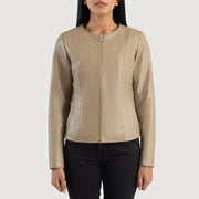 Vue détaillée of Collarless &amp; Zipper Hardware on Elixir Beige Collarless Leather Jacket