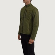 
Green Full-Grain Leather Winter Jacket - Vue arrière montrant la carrure ajustée et l'ourlet net