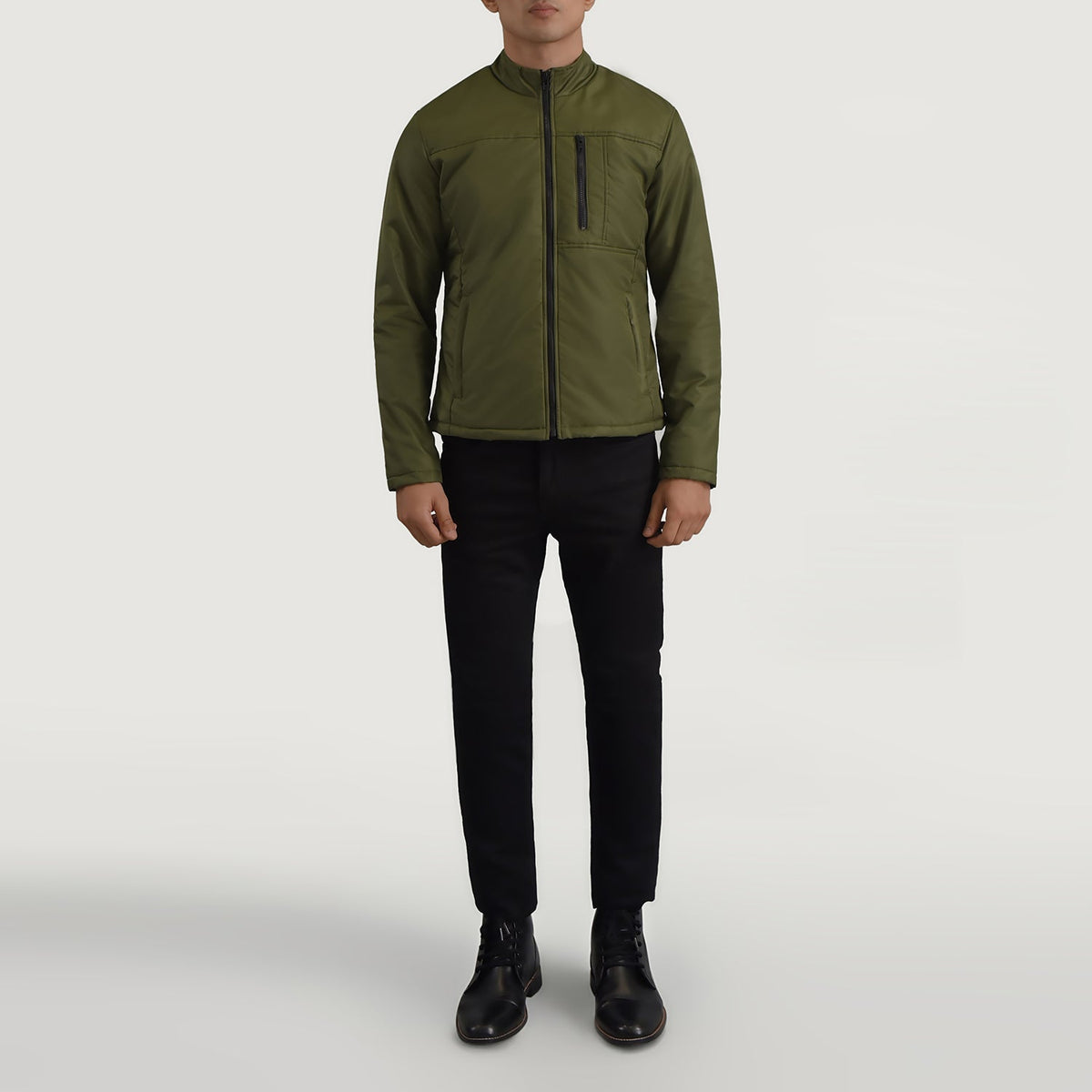 
Elliot Vert Lightweight Veste en Cuir pour Homme - Vue de profil mettant en valeur la coupe de manche ergonomique