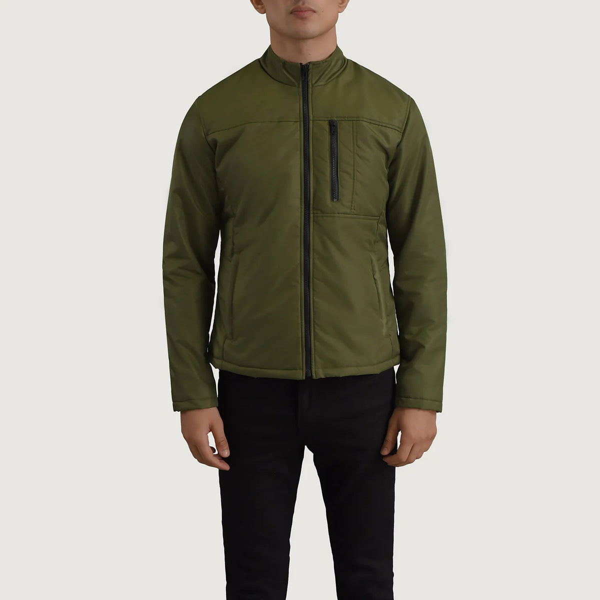 
Vue détaillée of Classic Collar & Zipper Hardware on Elliot Vert Lightweight Veste en Cuir pour Homme