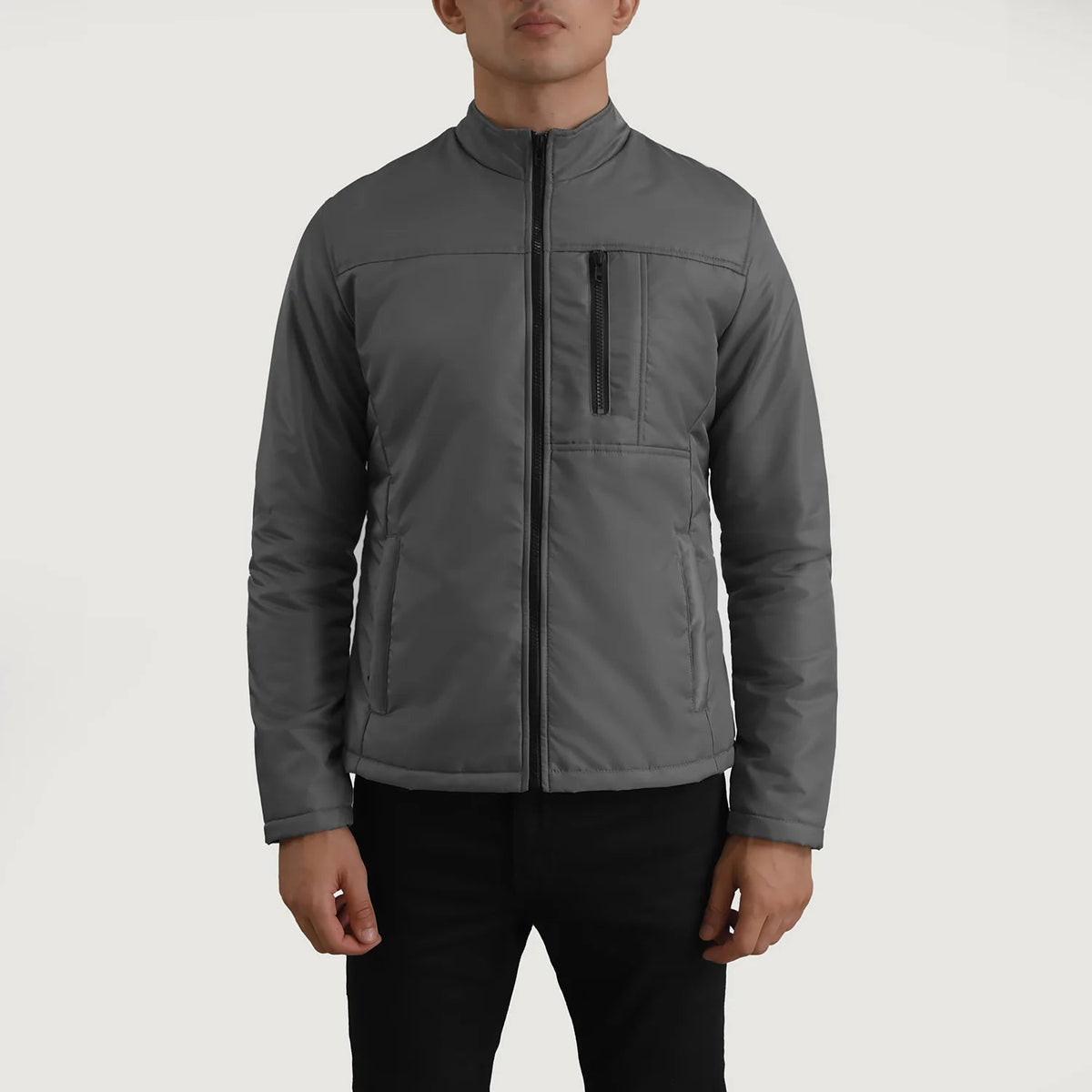 Vue détaillée of Classic Collar &amp; Zipper Hardware on Elliot Gris Lightweight Veste en Cuir pour Homme