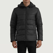 Erico Noir Hooded Puffer Veste en Cuir pour Homme in Black Full-Grain Leather - Vue de face &amp; silhouette ajustée | Acheter en ligne