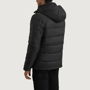 Vue détaillée of Classic Collar &amp; Zipper With Wind Flap Hardware on Erico Noir Hooded Puffer Veste en Cuir pour Homme