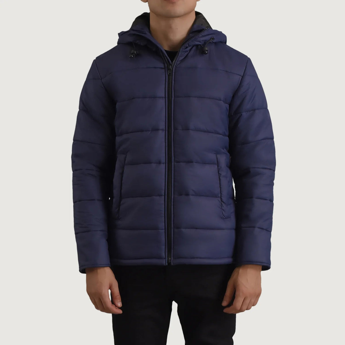 Erico Bleu Hooded Puffer Veste en Cuir pour Homme in Blue Full-Grain Leather - Vue de face &amp; silhouette ajustée | Acheter en ligne