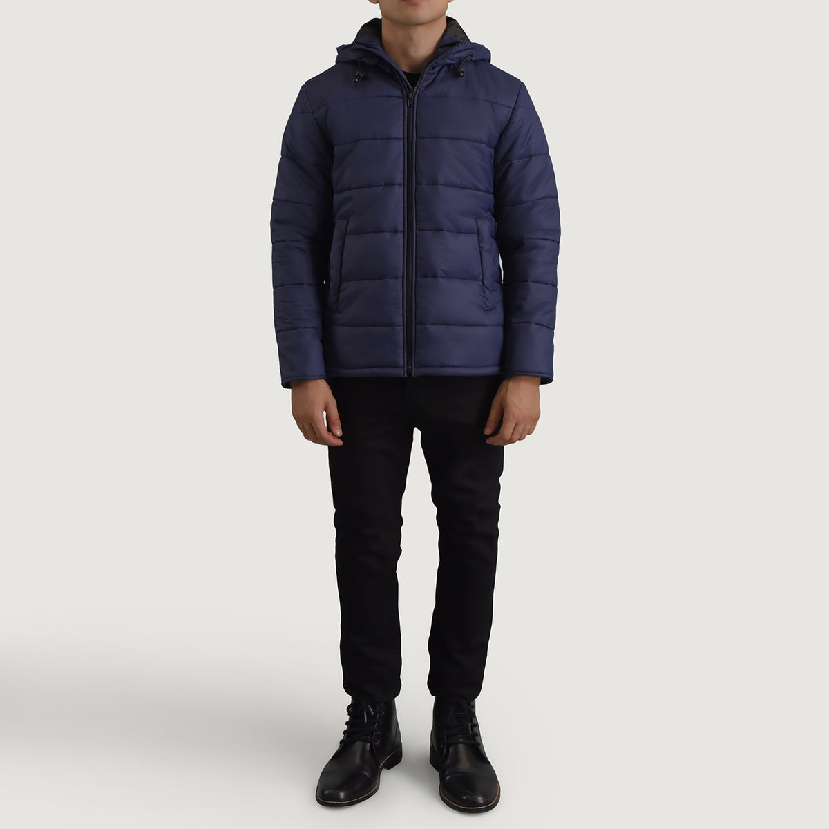 Erico Bleu Hooded Puffer Veste en Cuir pour Homme - Vue de profil avec coupe de manche ergonomique